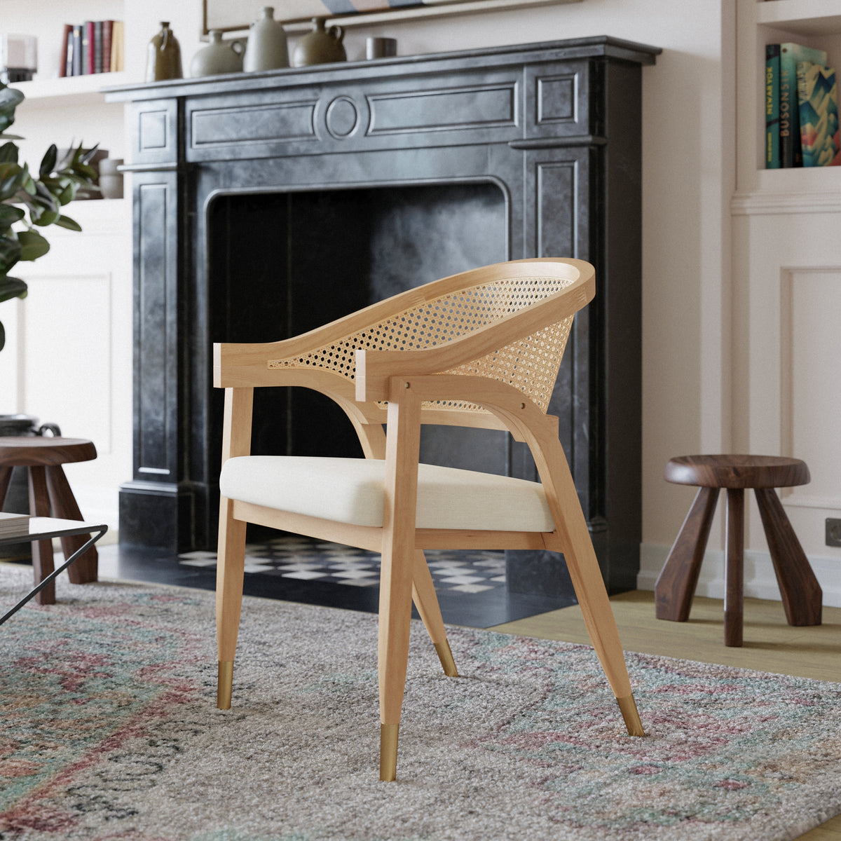 Naomi Commercial Cane Rattan Dining and Accent Chair with Solid Wood Frame Featuring Metallic Tipped Legs and Padded Seat