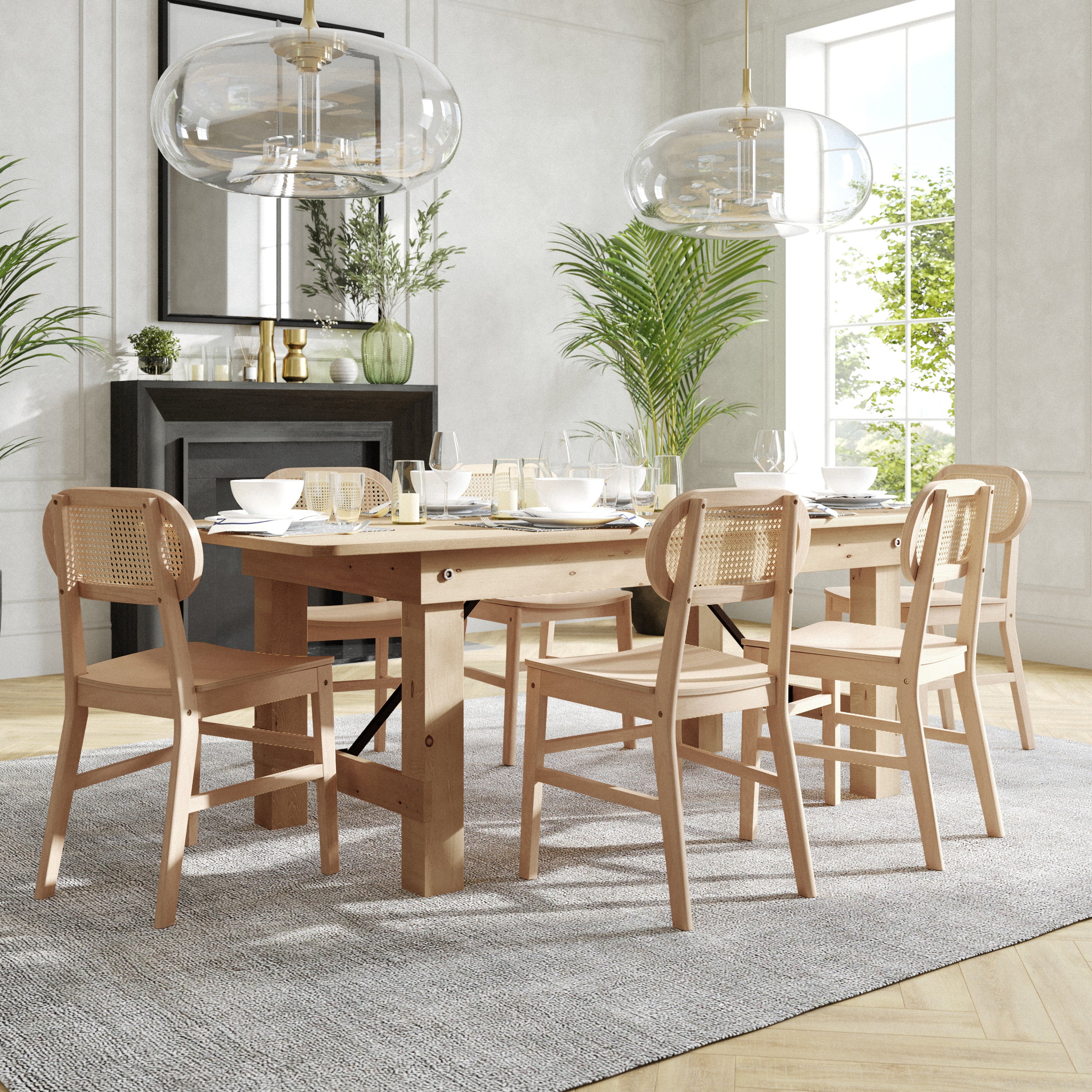 Jacob Set of 2 Commercial Cane Rattan Dining and Event Chairs with Solid Wood Frame and Seat