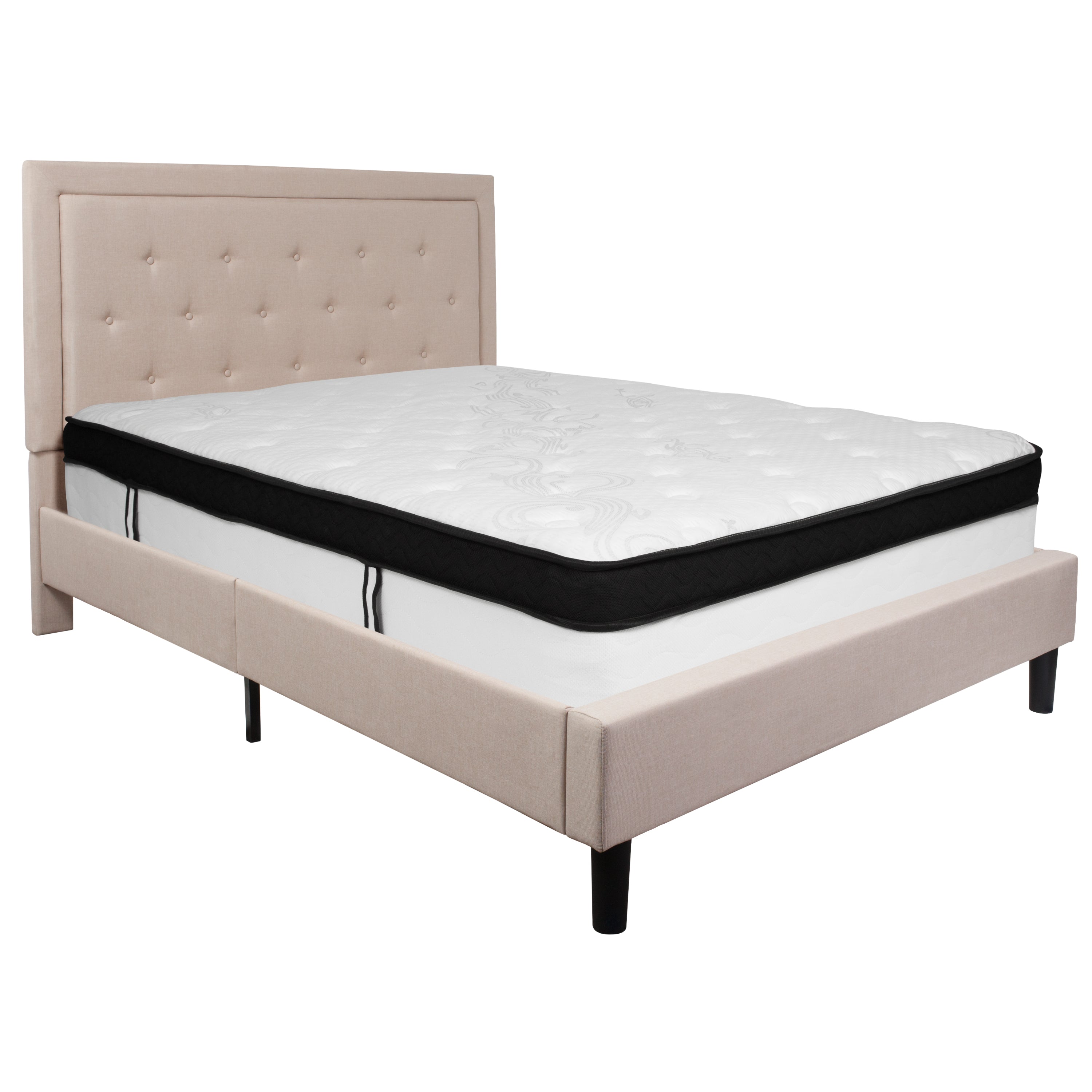 Roxbury Panel Tufted Upholstered Platform Bed and Memory Foam Pocket Spring Mattress