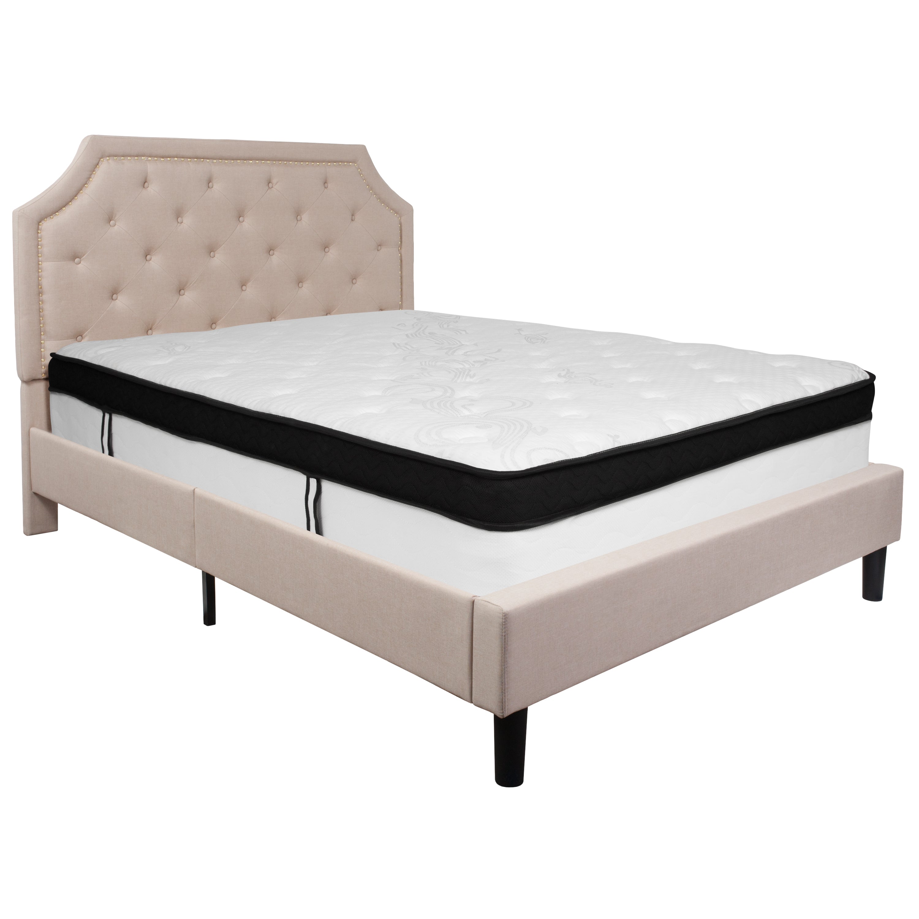 Brighton Arched Tufted Upholstered Platform Bed and Memory Foam Pocket Spring Mattress