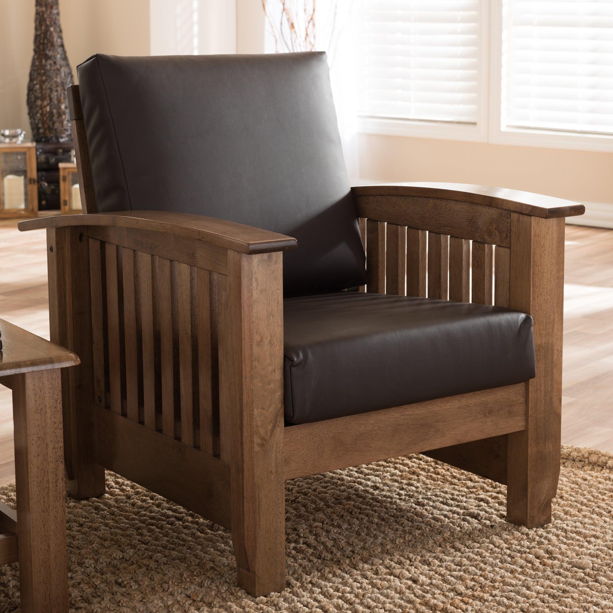 Charlotte Modern Classic Mission Style Wood and Faux Leather 1-Seater Lounge Chair