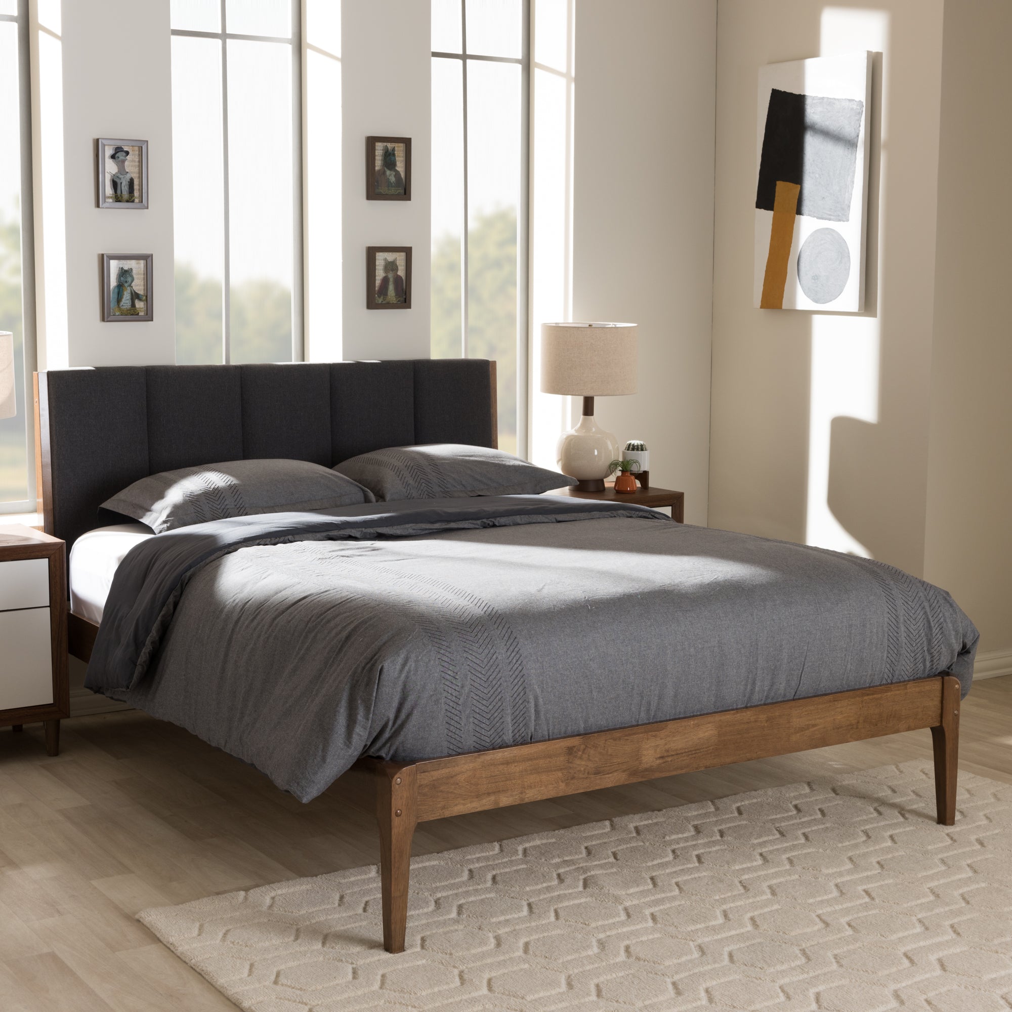 Ember Mid-Century Dark Fabric and Medium Finish Wood Platform Bed