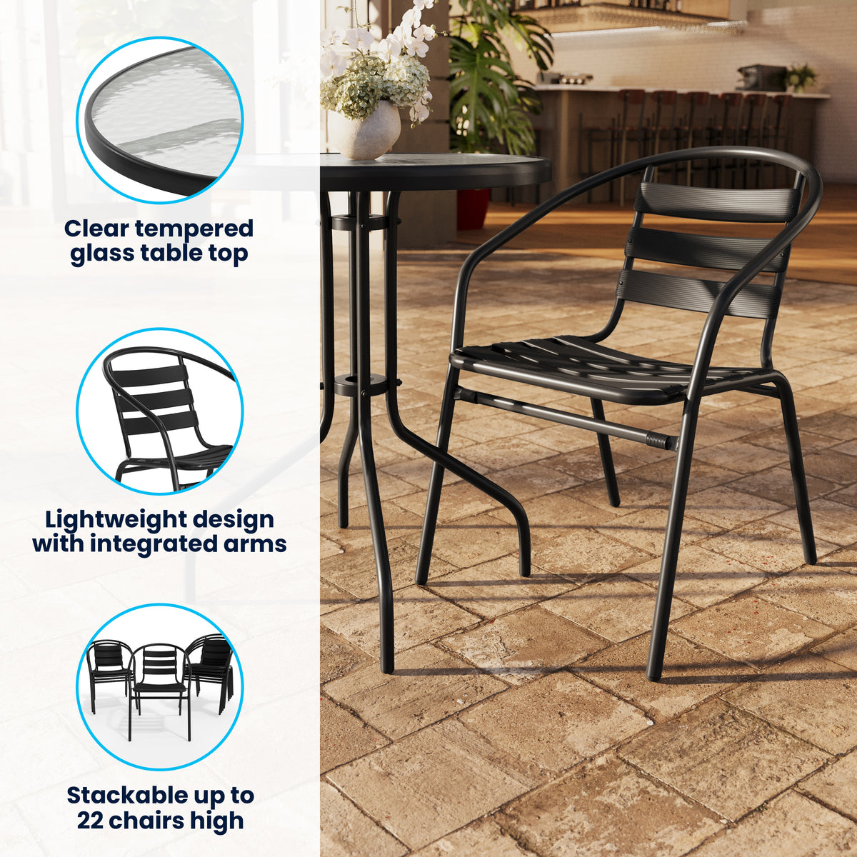 Lila 23.75'' Round Glass Metal Table with 2 Metal Aluminum Slat Stack Chairs