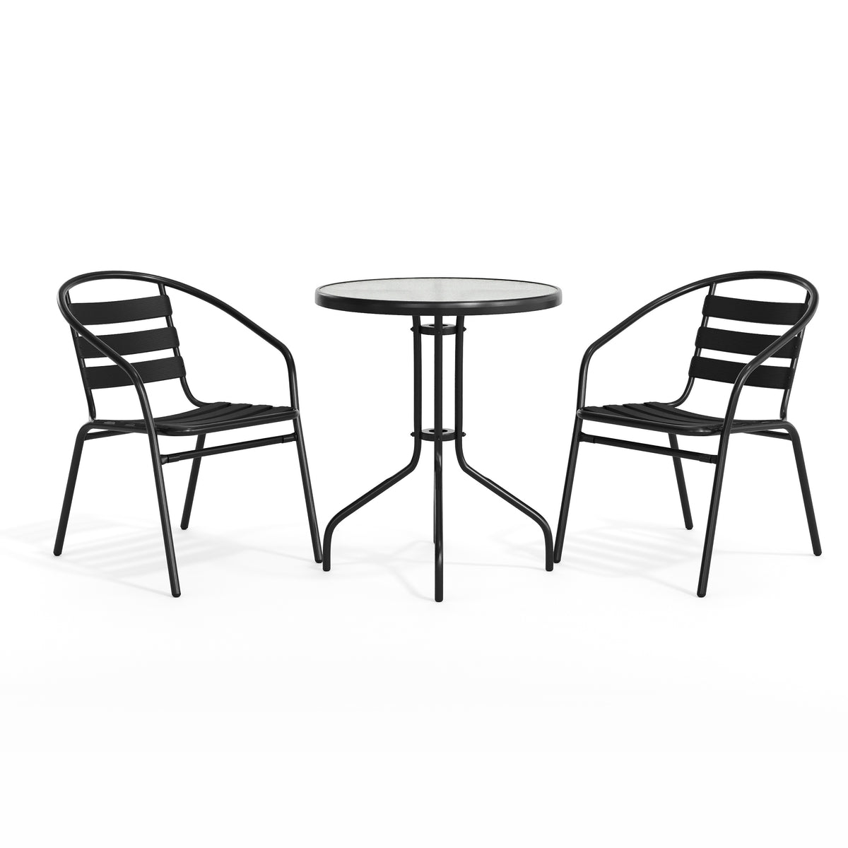 Lila 23.75'' Round Glass Metal Table with 2 Metal Aluminum Slat Stack Chairs