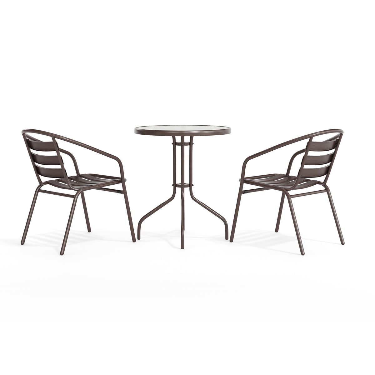 Lila 23.75'' Round Glass Metal Table with 2 Metal Aluminum Slat Stack Chairs