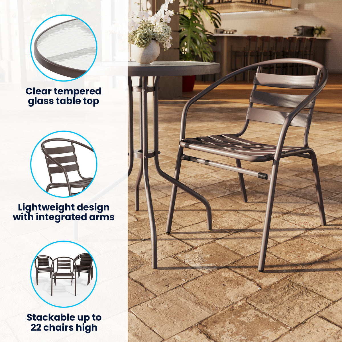 Lila 23.75'' Round Glass Metal Table with 2 Metal Aluminum Slat Stack Chairs