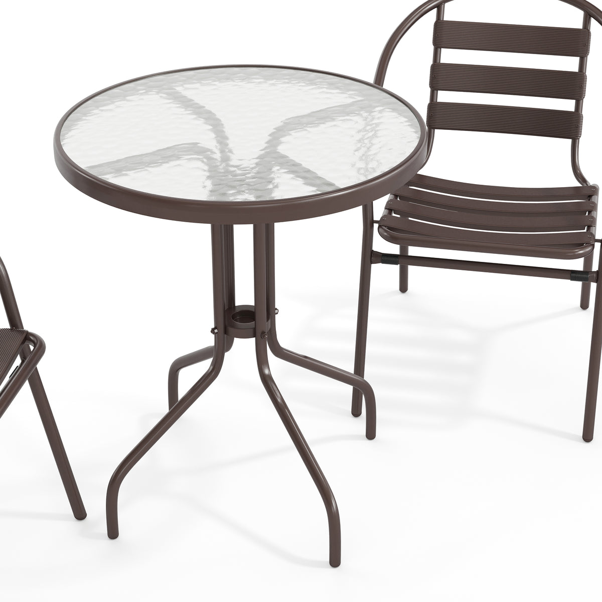 Lila 23.75'' Round Glass Metal Table with 2 Metal Aluminum Slat Stack Chairs