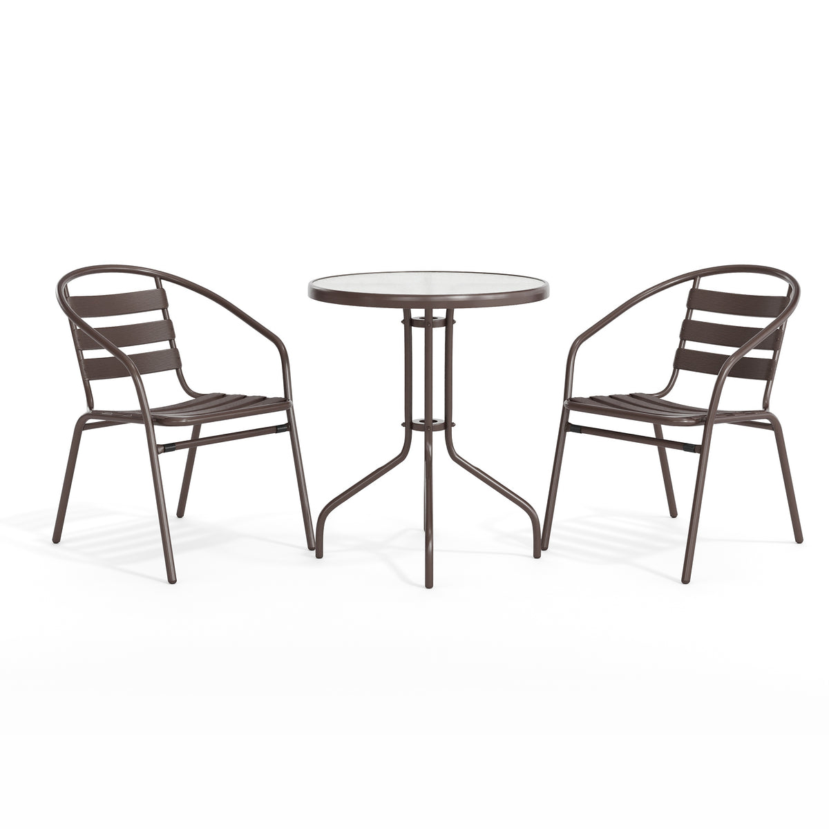 Lila 23.75'' Round Glass Metal Table with 2 Metal Aluminum Slat Stack Chairs