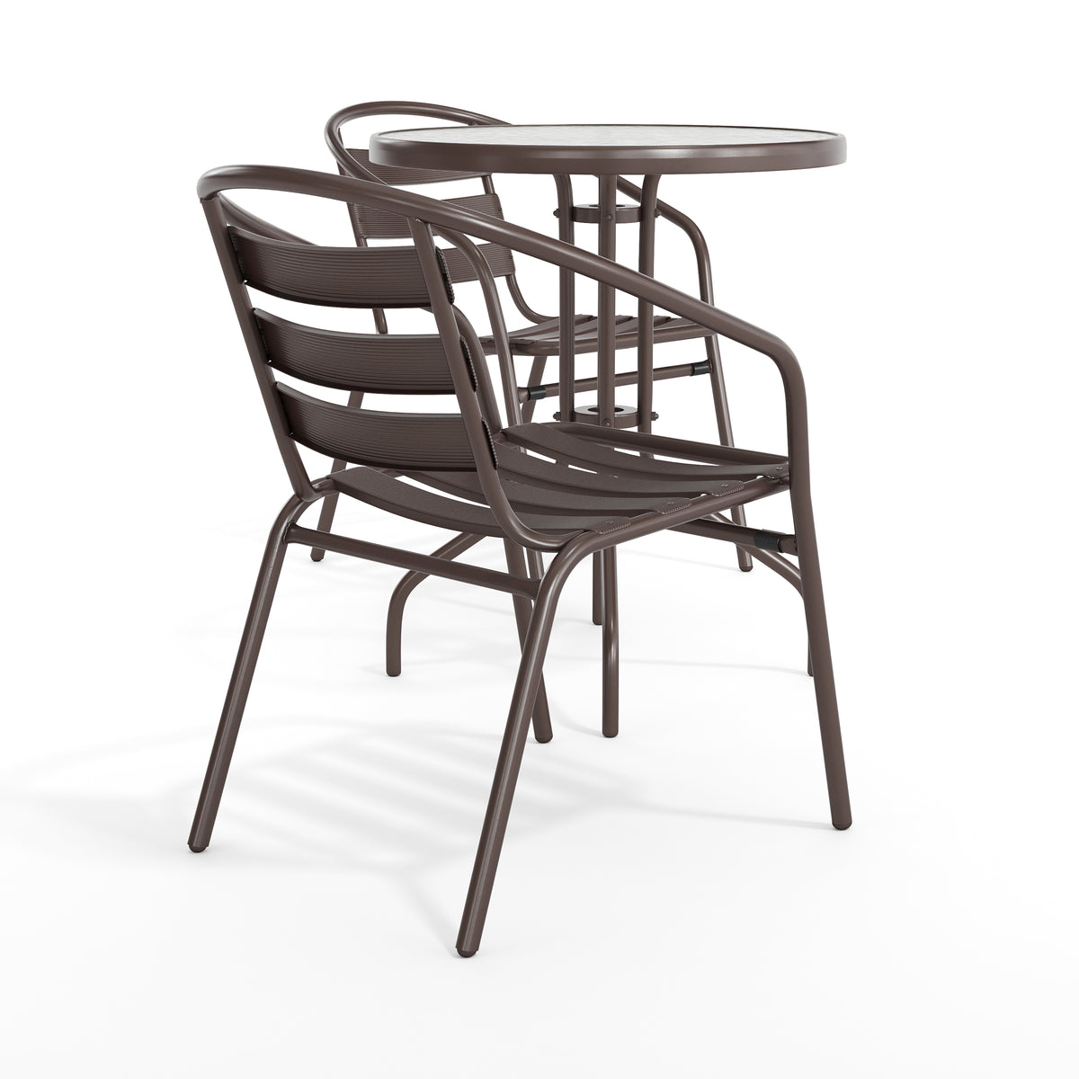 Lila 23.75'' Round Glass Metal Table with 2 Metal Aluminum Slat Stack Chairs