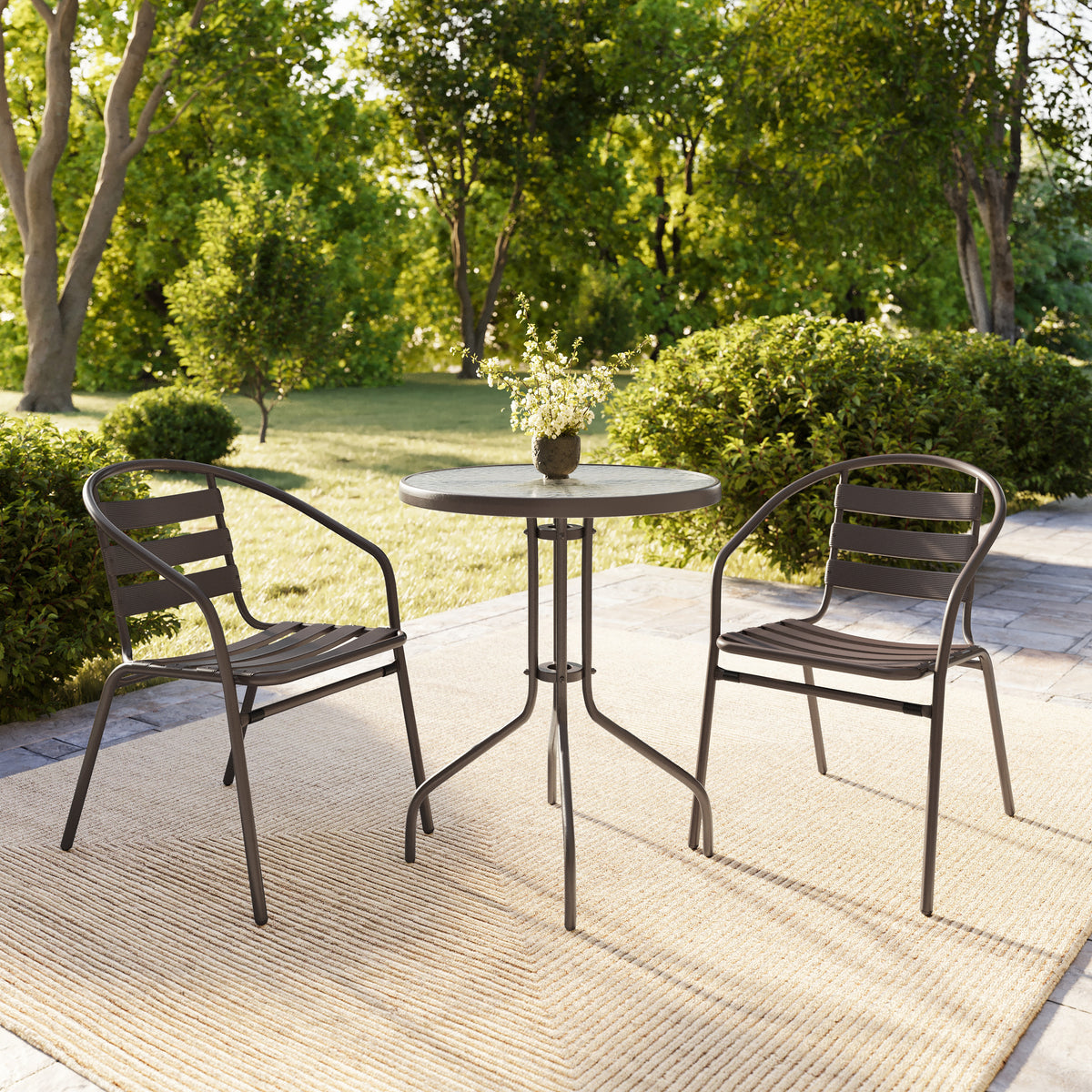 Lila 23.75'' Round Glass Metal Table with 2 Metal Aluminum Slat Stack Chairs