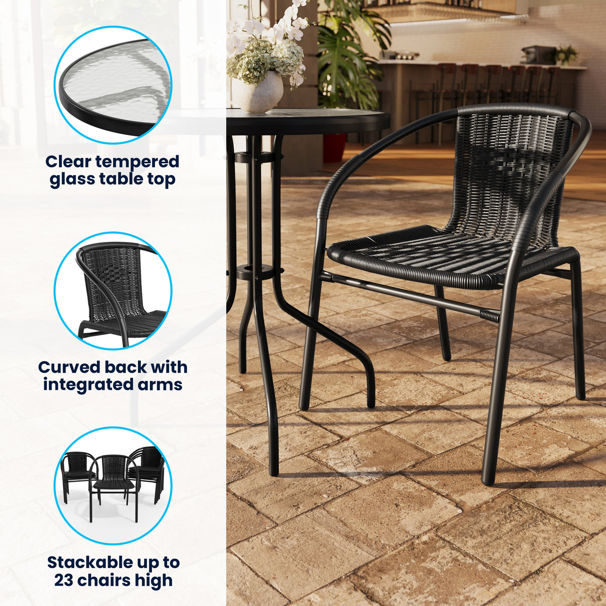 Lila 23.75'' Round Glass Metal Table with 2 Rattan Stack Chairs