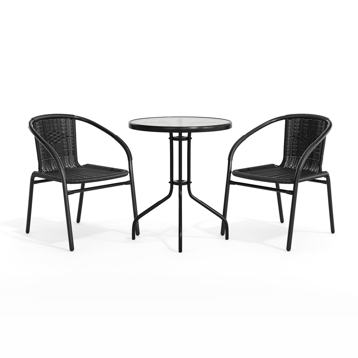 Lila 23.75'' Round Glass Metal Table with 2 Rattan Stack Chairs