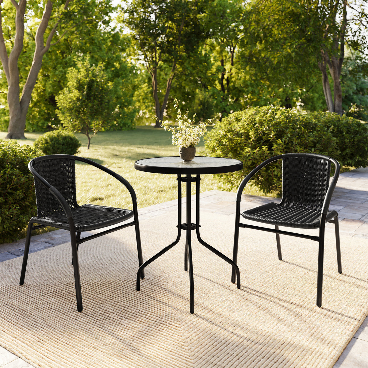 Lila 23.75'' Round Glass Metal Table with 2 Rattan Stack Chairs
