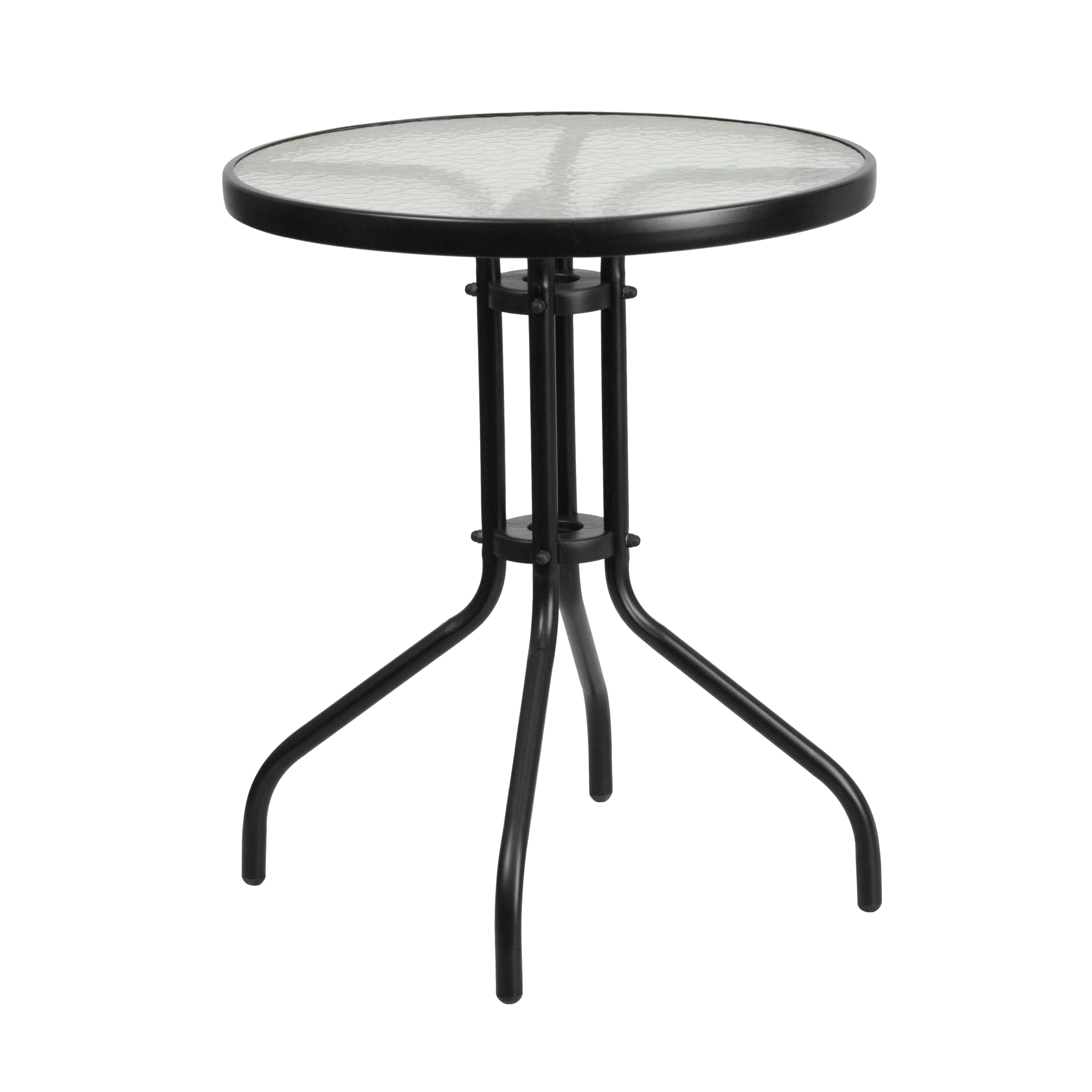 Lila 23.75'' Round Glass Metal Table with 2 Rattan Stack Chairs-Indoor/Outdoor Dining Sets-Flash Furniture-Wall2Wall Furnishings