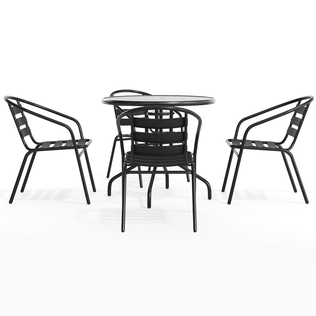 Lila 31.5'' Round Glass Metal Table with 4 Metal Aluminum Slat Stack Chairs