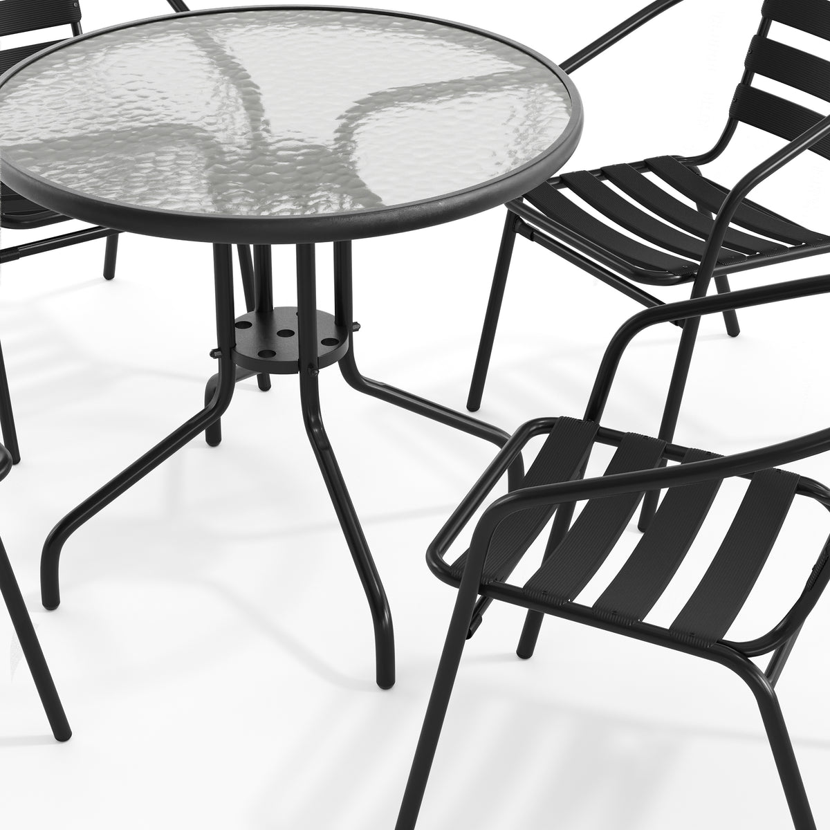 Lila 31.5'' Round Glass Metal Table with 4 Metal Aluminum Slat Stack Chairs