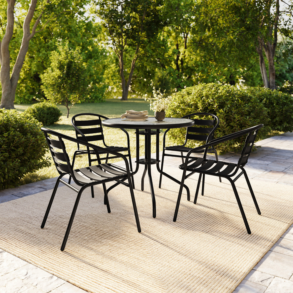 Lila 31.5'' Round Glass Metal Table with 4 Metal Aluminum Slat Stack Chairs