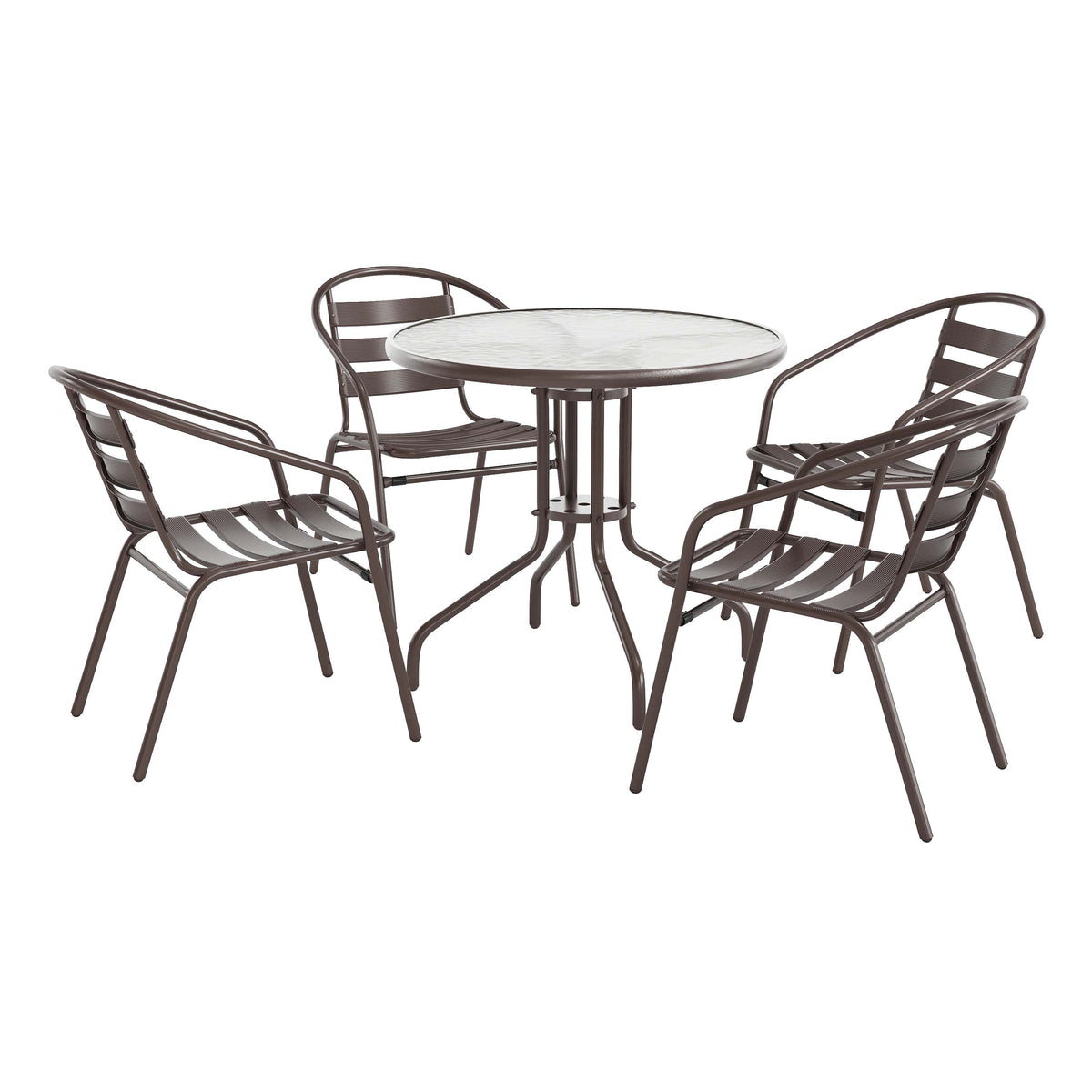 Lila 31.5'' Round Glass Metal Table with 4 Metal Aluminum Slat Stack Chairs