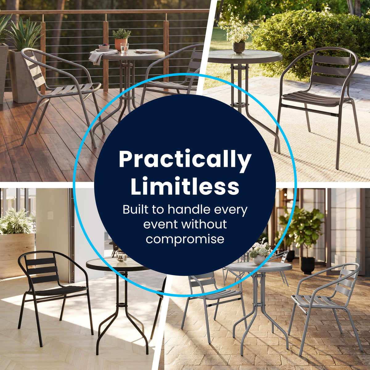 Lila 31.5'' Round Glass Metal Table with 4 Metal Aluminum Slat Stack Chairs
