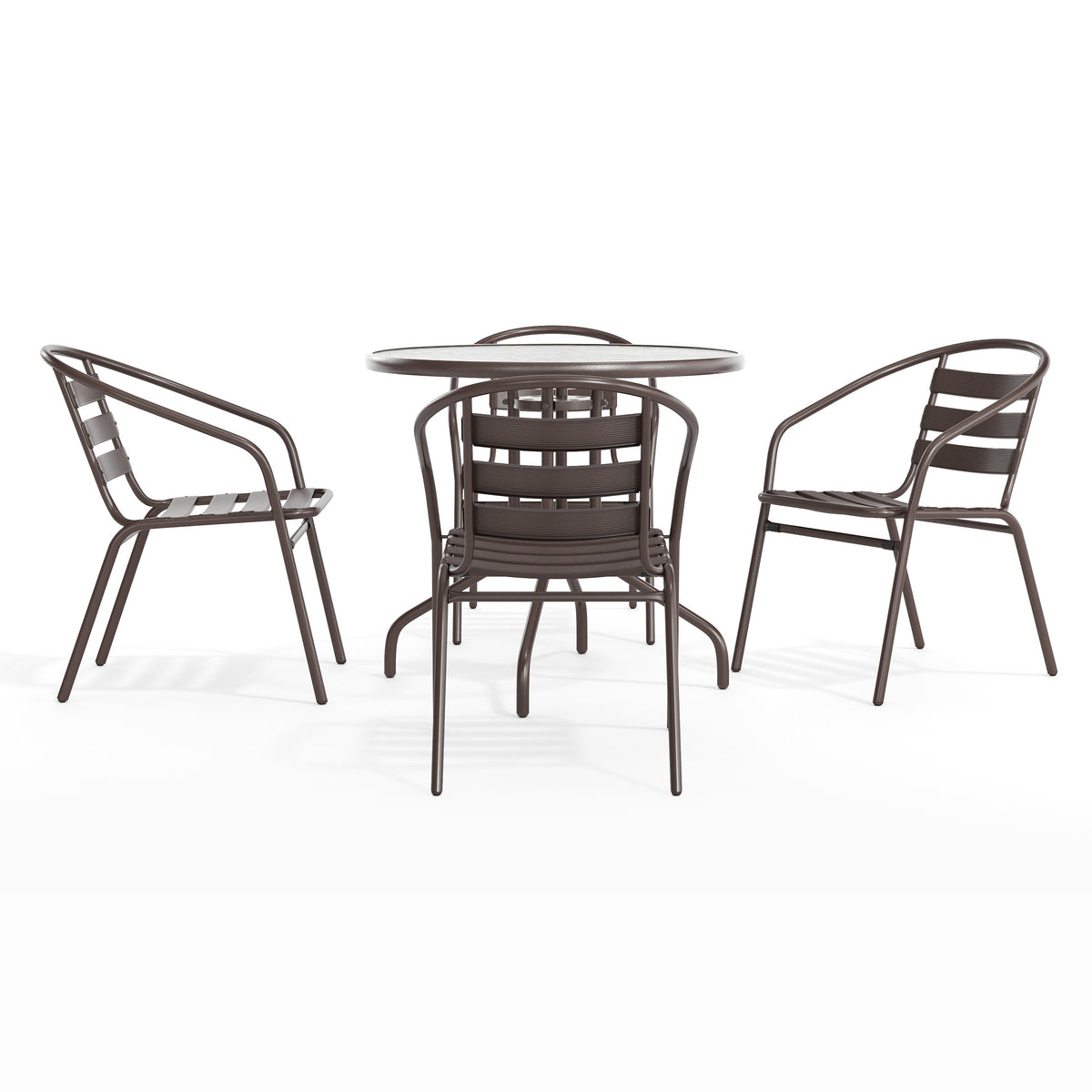 Lila 31.5'' Round Glass Metal Table with 4 Metal Aluminum Slat Stack Chairs
