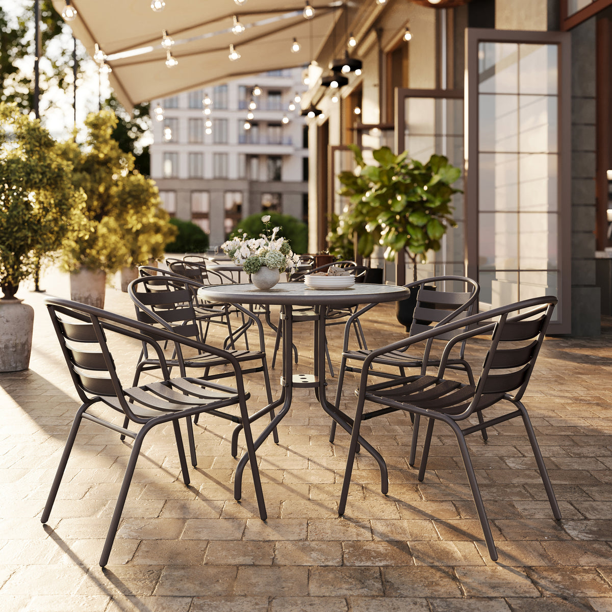 Lila 31.5'' Round Glass Metal Table with 4 Metal Aluminum Slat Stack Chairs