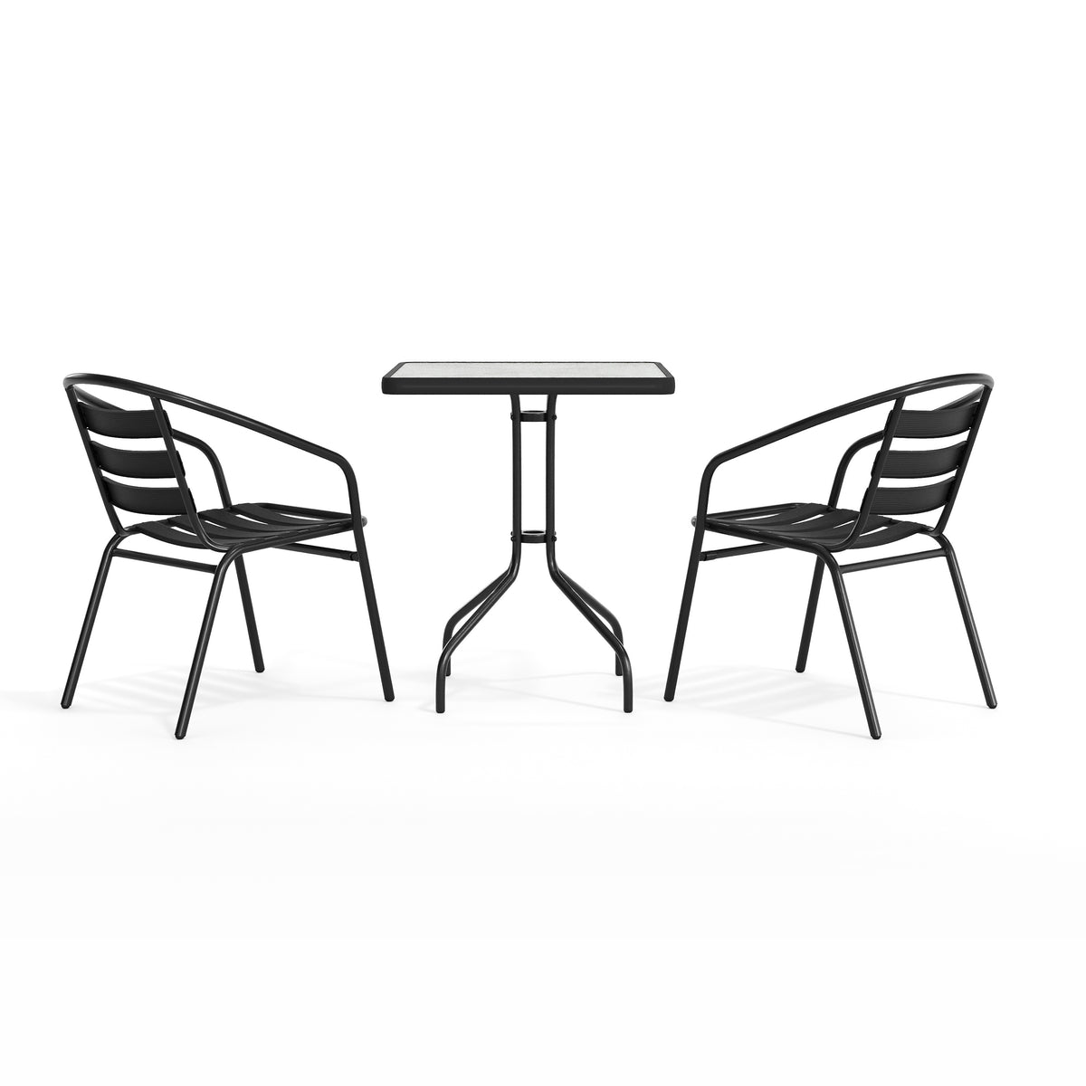 Lila 23.5'' Square Glass Metal Table with 2 Metal Aluminum Slat Stack Chairs