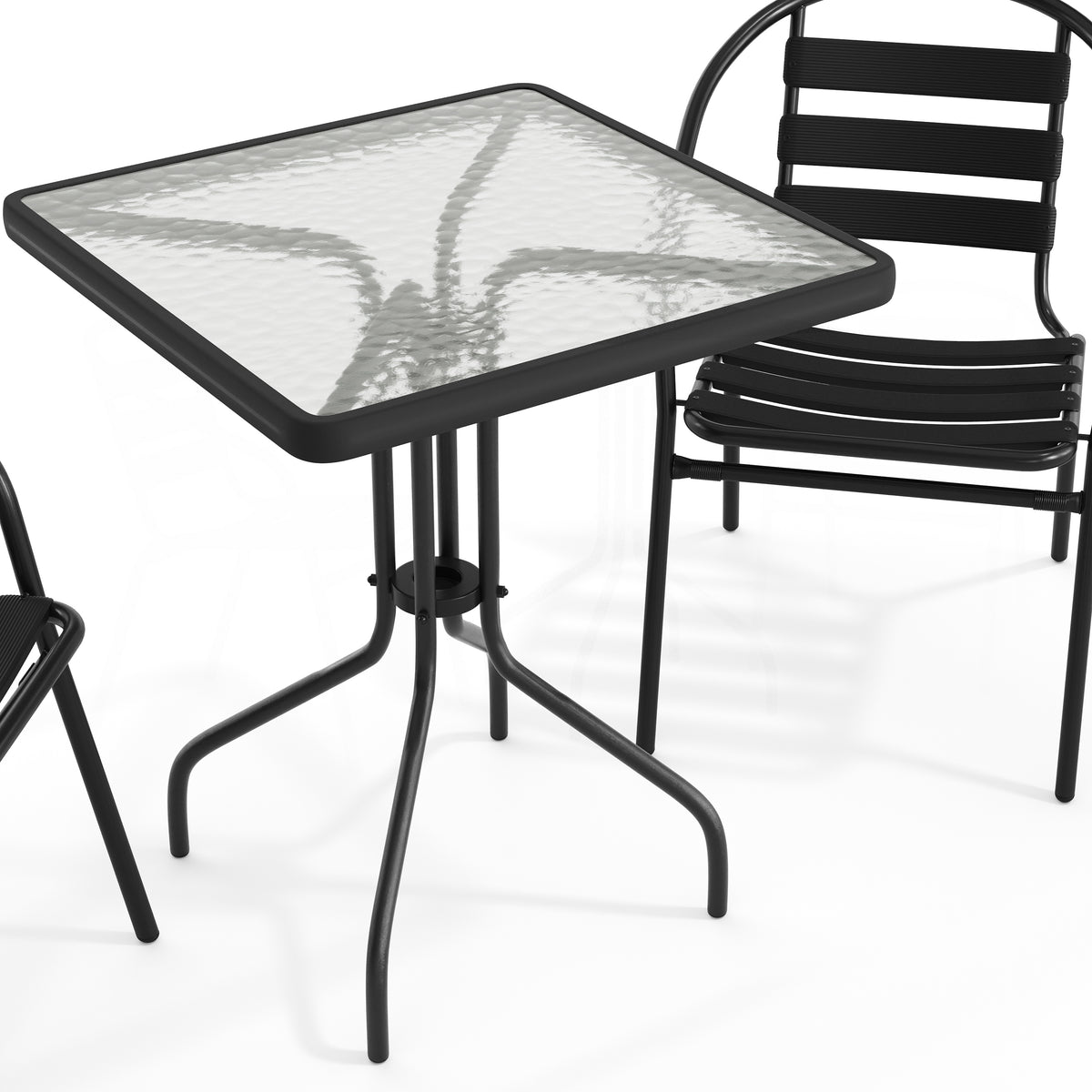 Lila 23.5'' Square Glass Metal Table with 2 Metal Aluminum Slat Stack Chairs