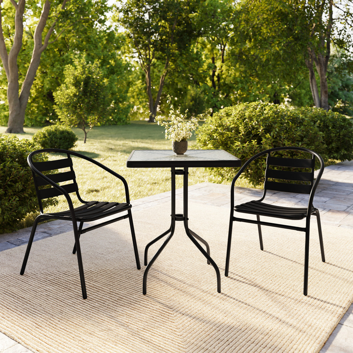 Lila 23.5'' Square Glass Metal Table with 2 Metal Aluminum Slat Stack Chairs