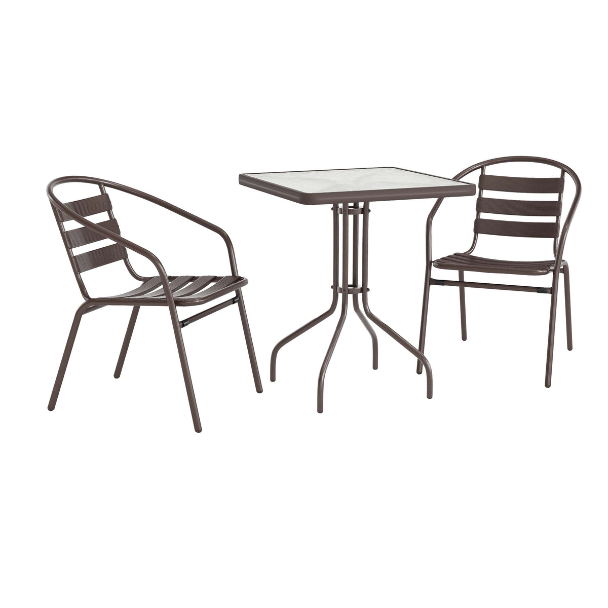 Lila 23.5'' Square Glass Metal Table with 2 Metal Aluminum Slat Stack Chairs