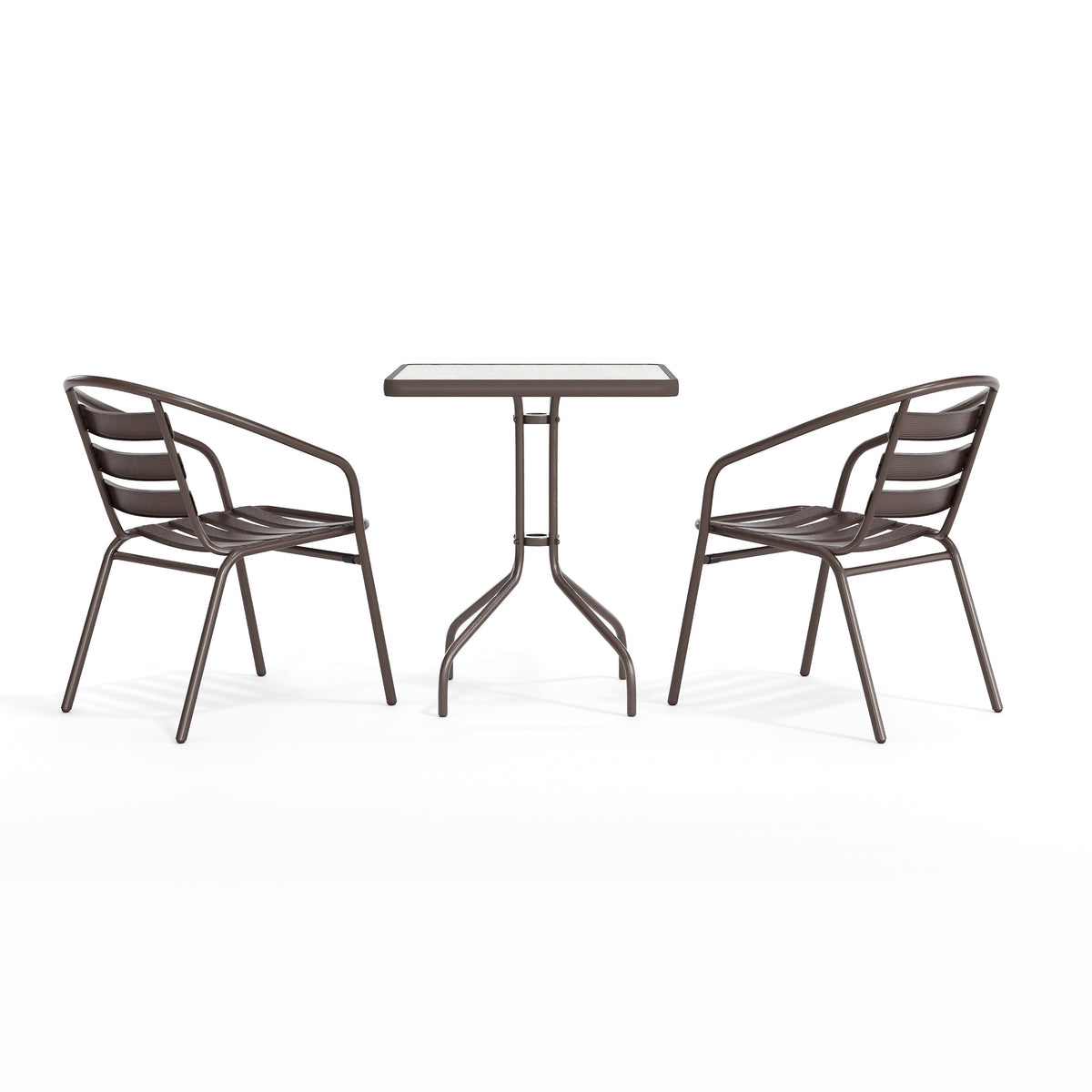 Lila 23.5'' Square Glass Metal Table with 2 Metal Aluminum Slat Stack Chairs