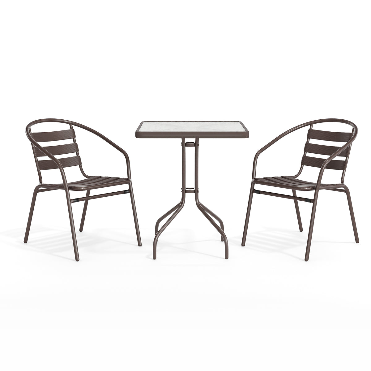 Lila 23.5'' Square Glass Metal Table with 2 Metal Aluminum Slat Stack Chairs