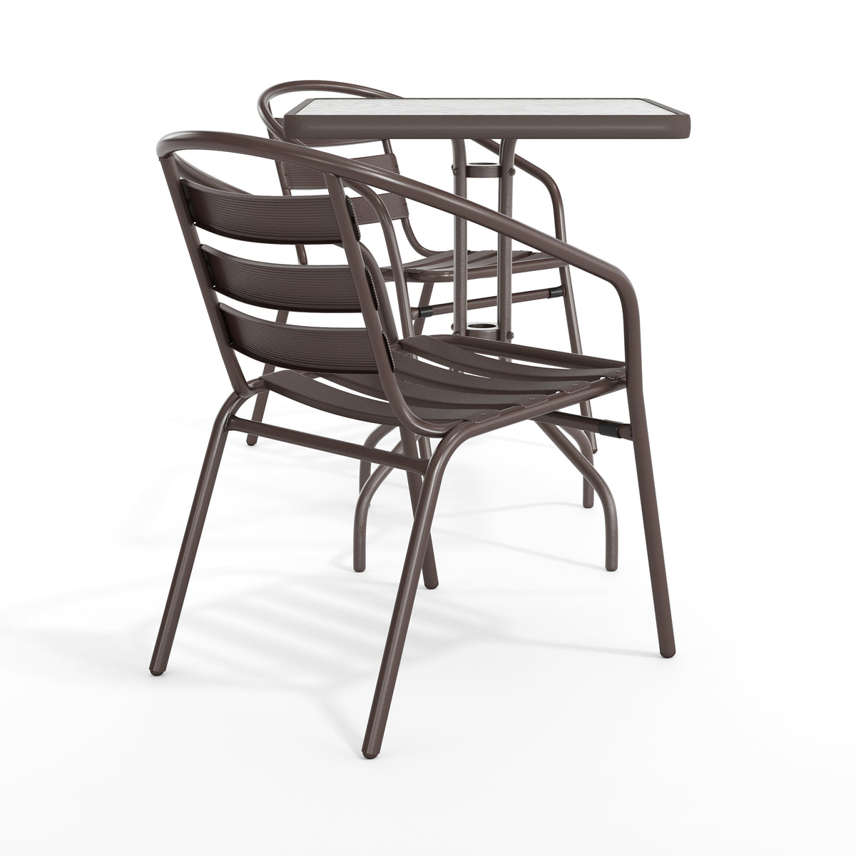 Lila 23.5'' Square Glass Metal Table with 2 Metal Aluminum Slat Stack Chairs