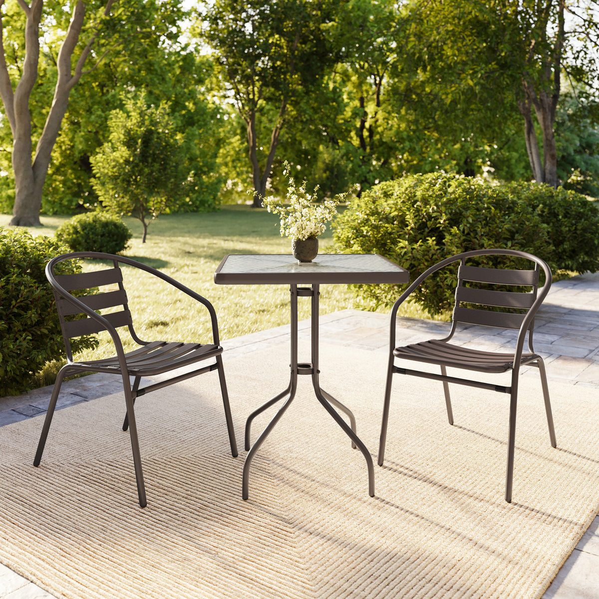 Lila 23.5'' Square Glass Metal Table with 2 Metal Aluminum Slat Stack Chairs