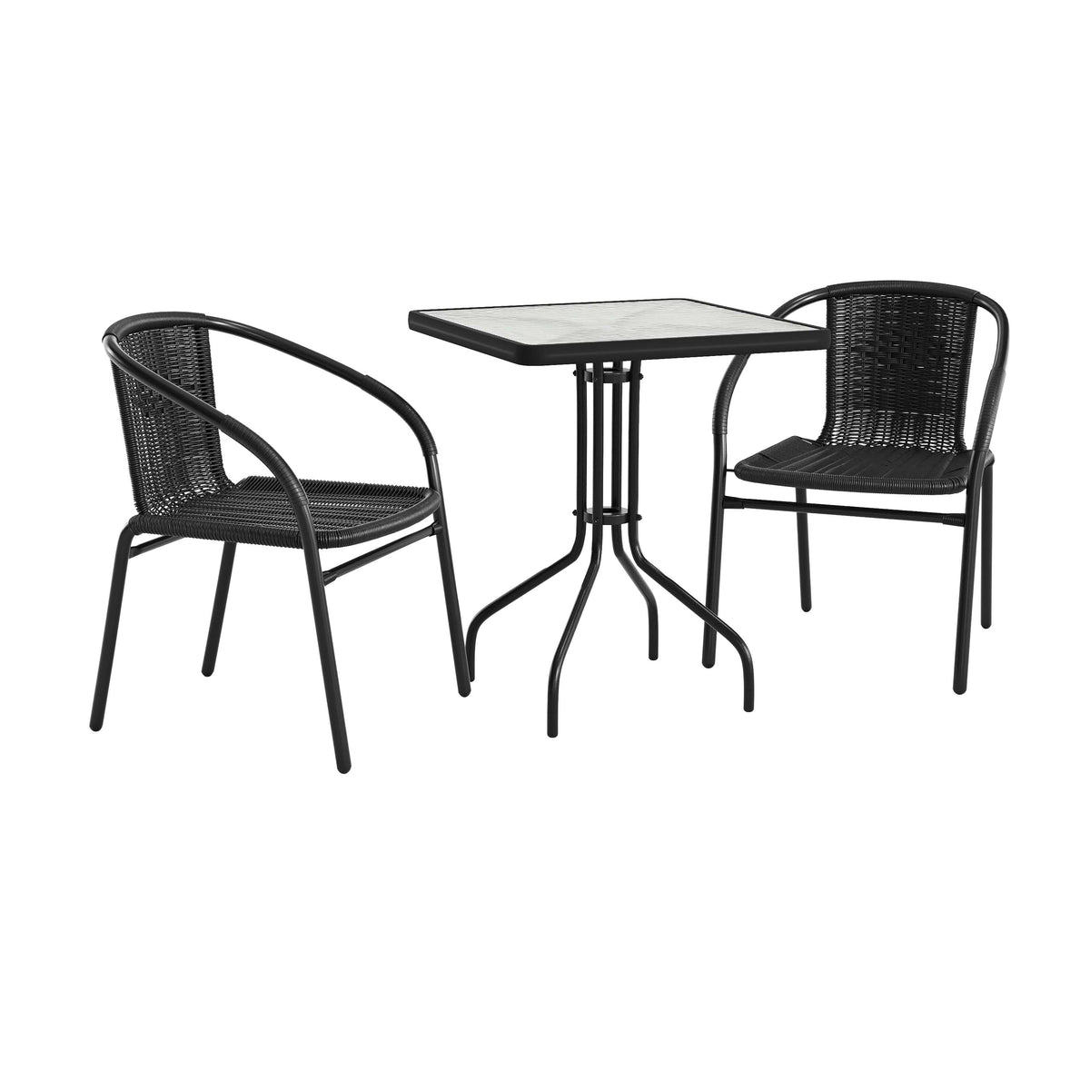 Lila 23.5'' Square Glass Metal Table with 2 Rattan Stack Chairs