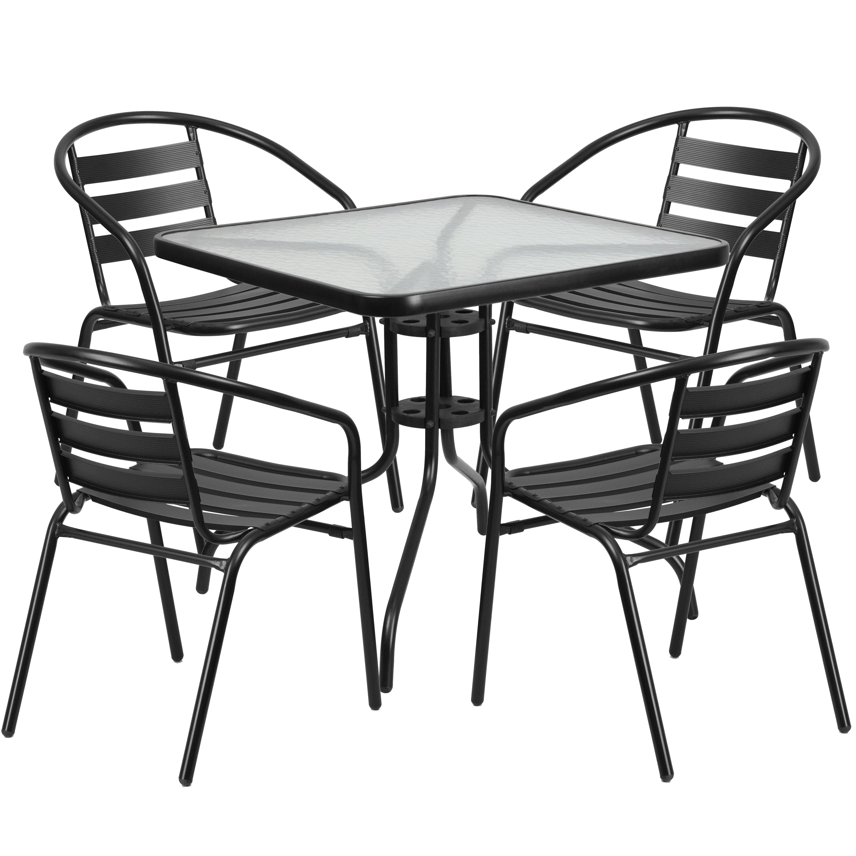 Lila 31.5'' Square Glass Metal Table with 4 Metal Aluminum Slat Stack Chairs-Indoor/Outdoor Dining Sets-Flash Furniture-Wall2Wall Furnishings