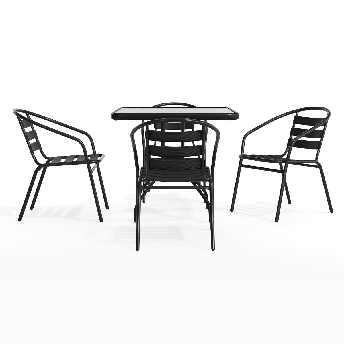 Lila 31.5'' Square Glass Metal Table with 4 Metal Aluminum Slat Stack Chairs