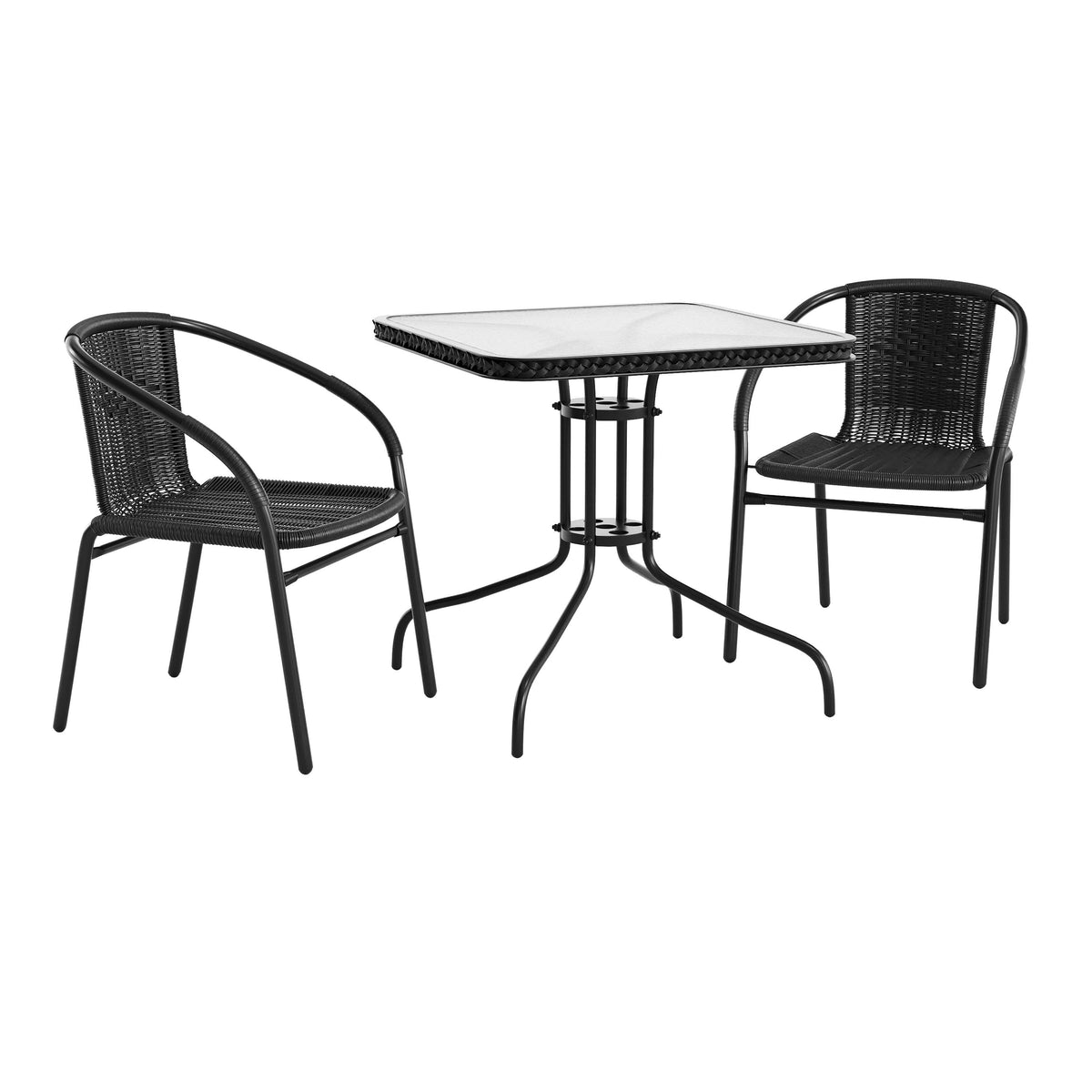 Barker 28'' Square Glass Metal Table with Rattan Edging and 2 Rattan Stack Chairs