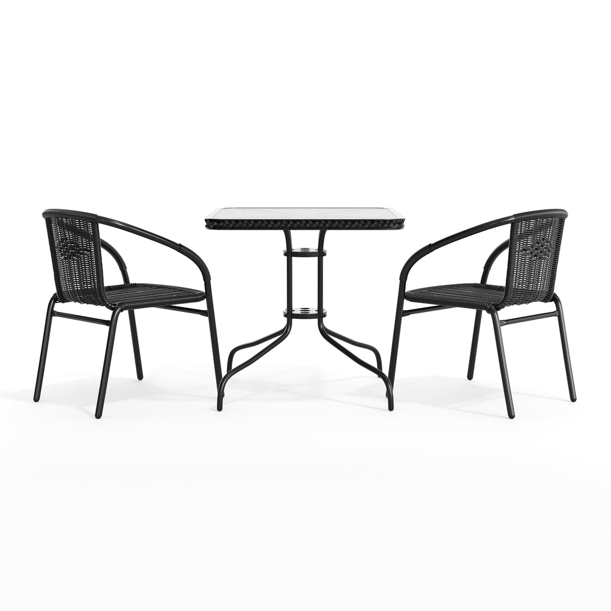 Barker 28'' Square Glass Metal Table with Rattan Edging and 2 Rattan Stack Chairs