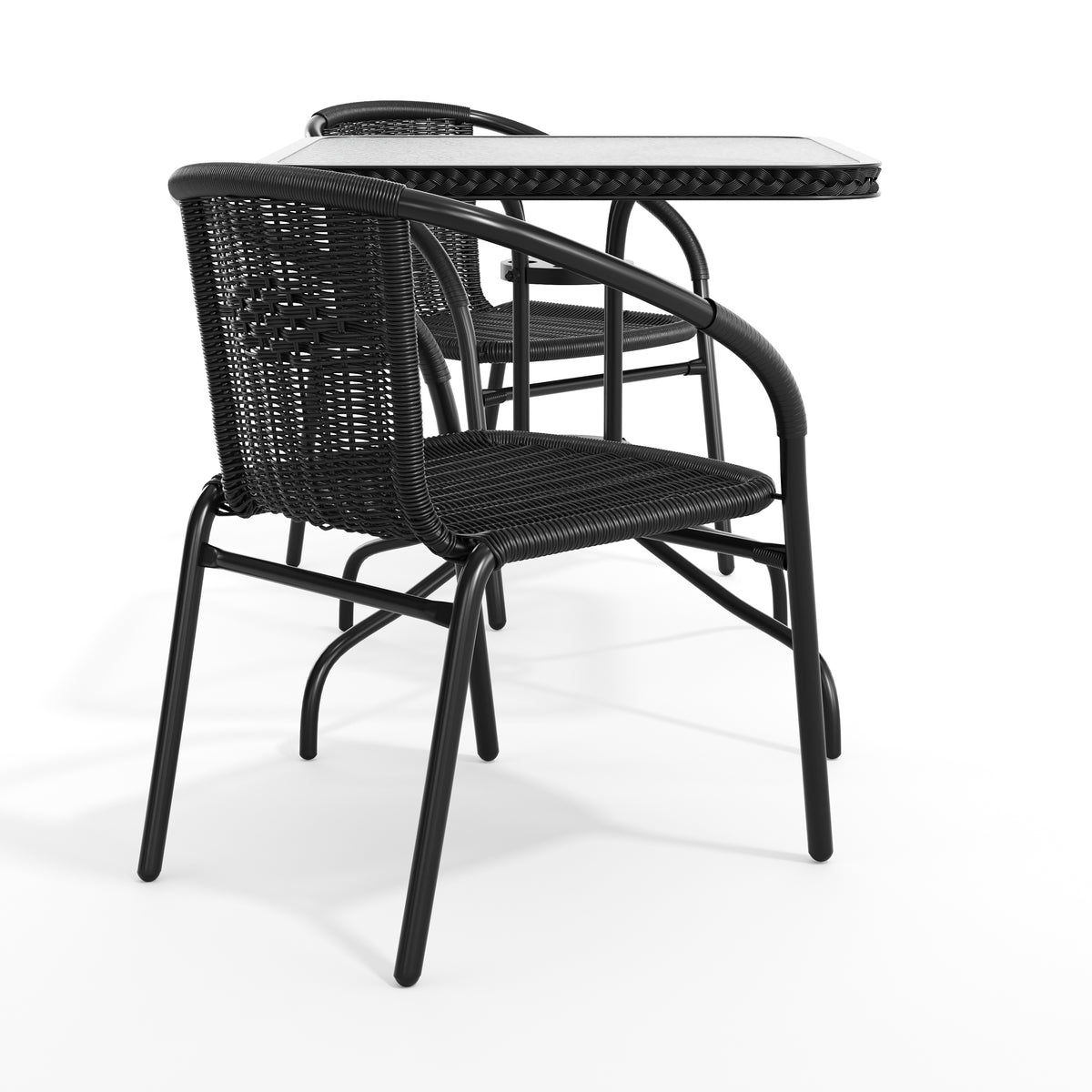 Barker 28'' Square Glass Metal Table with Rattan Edging and 2 Rattan Stack Chairs