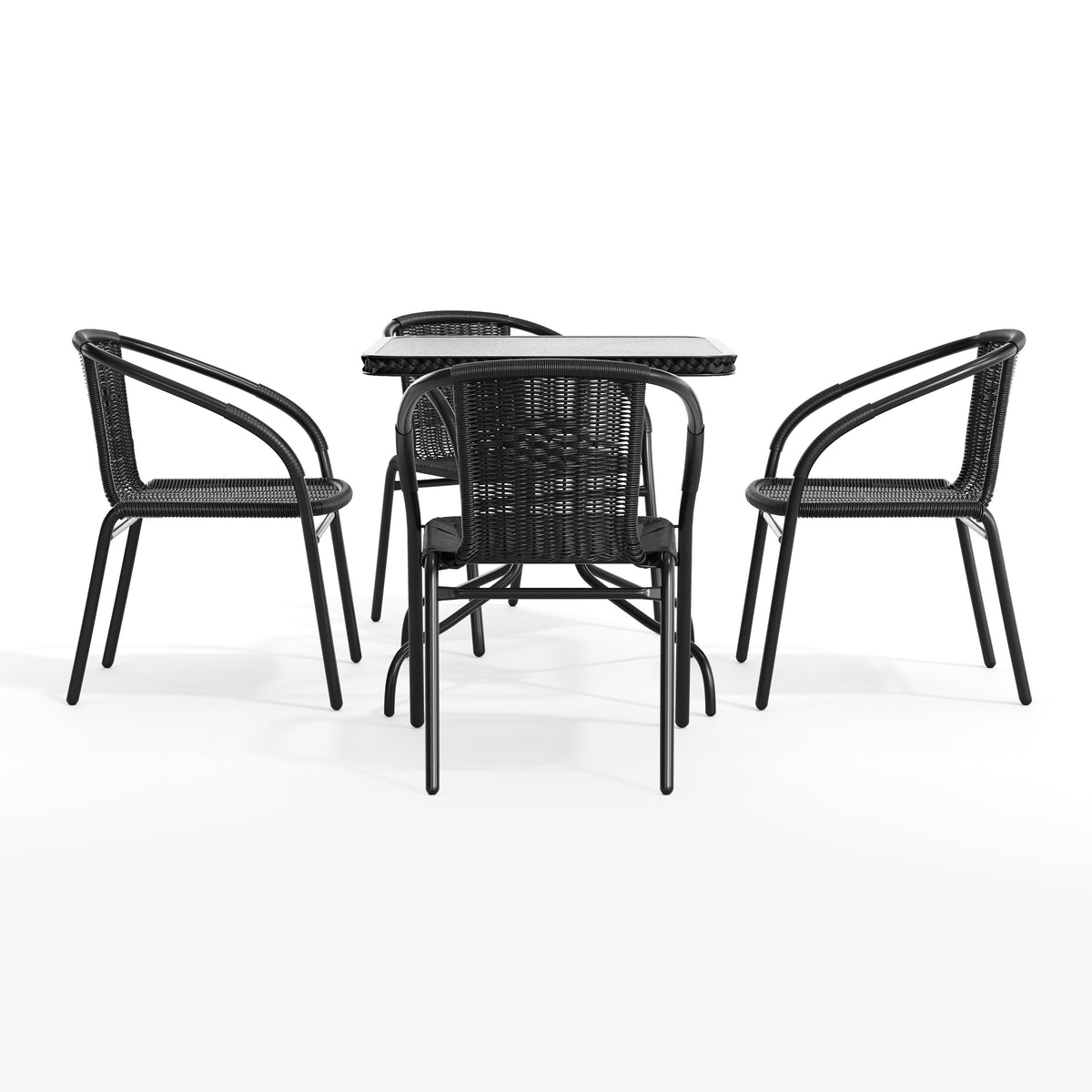 Barker 28'' Square Glass Metal Table with Rattan Edging and 4 Rattan Stack Chairs