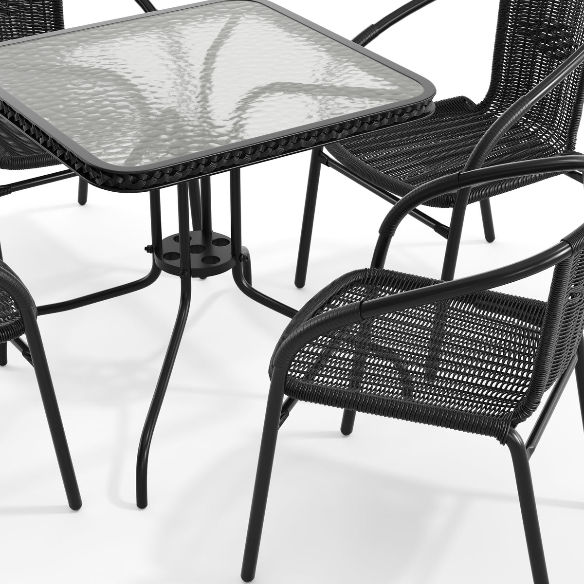 Barker 28'' Square Glass Metal Table with Rattan Edging and 4 Rattan Stack Chairs