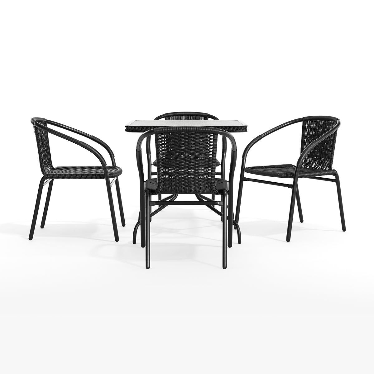 Barker 28'' Square Glass Metal Table with Rattan Edging and 4 Rattan Stack Chairs