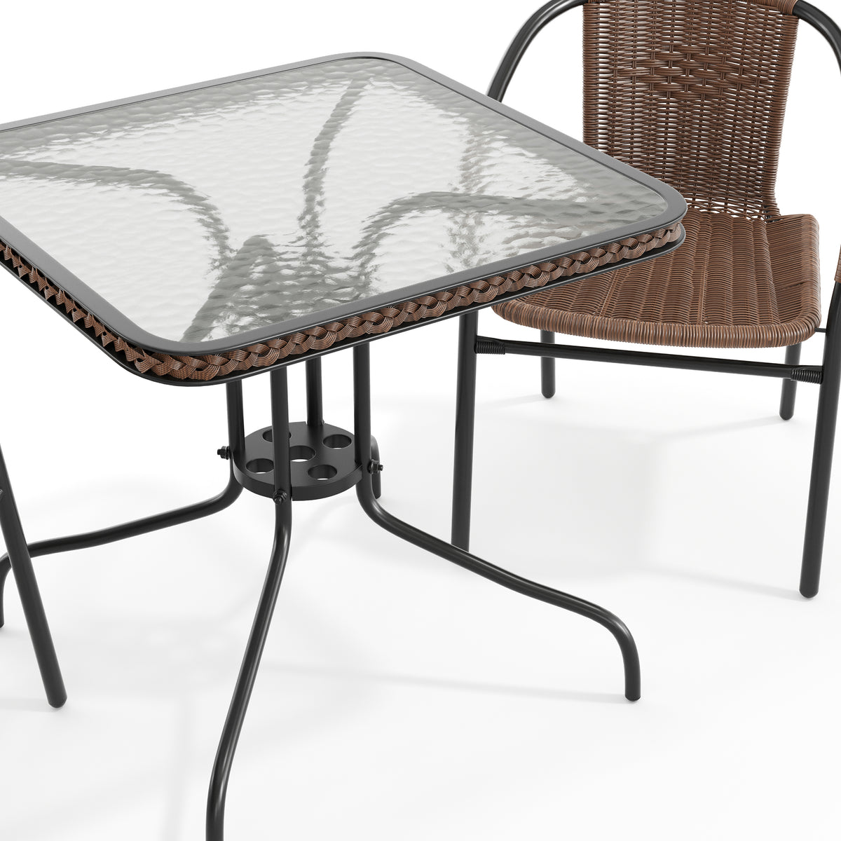 Barker 28'' Square Glass Metal Table with Rattan Edging and 2 Rattan Stack Chairs