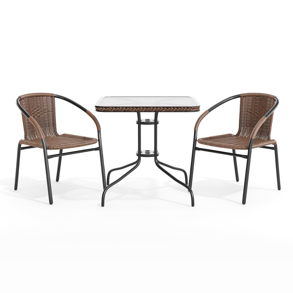 Barker 28'' Square Glass Metal Table with Rattan Edging and 2 Rattan Stack Chairs