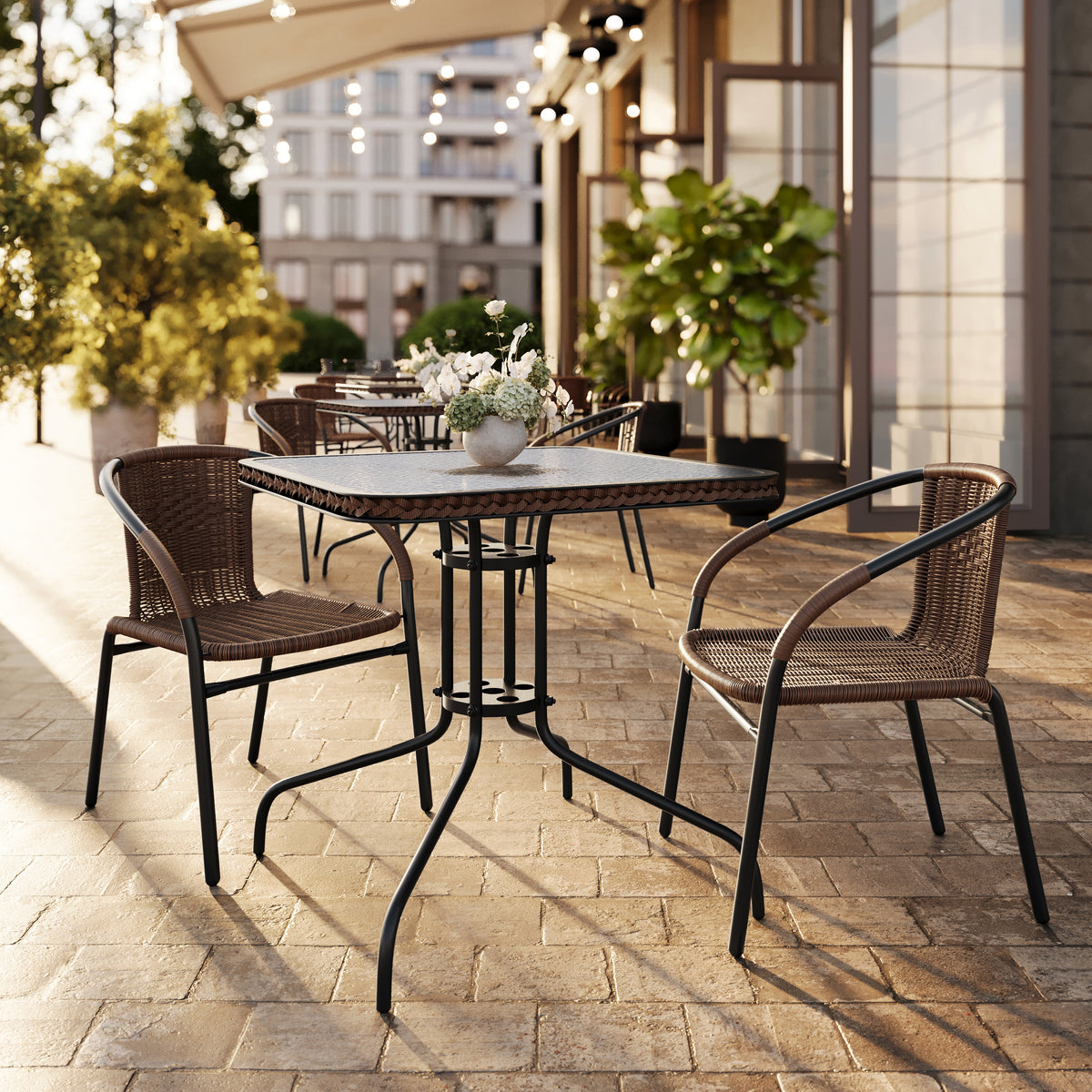 Barker 28'' Square Glass Metal Table with Rattan Edging and 2 Rattan Stack Chairs