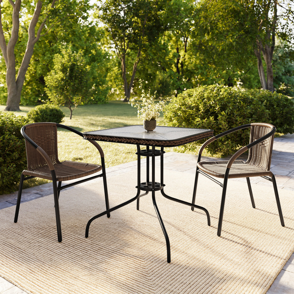 Barker 28'' Square Glass Metal Table with Rattan Edging and 2 Rattan Stack Chairs