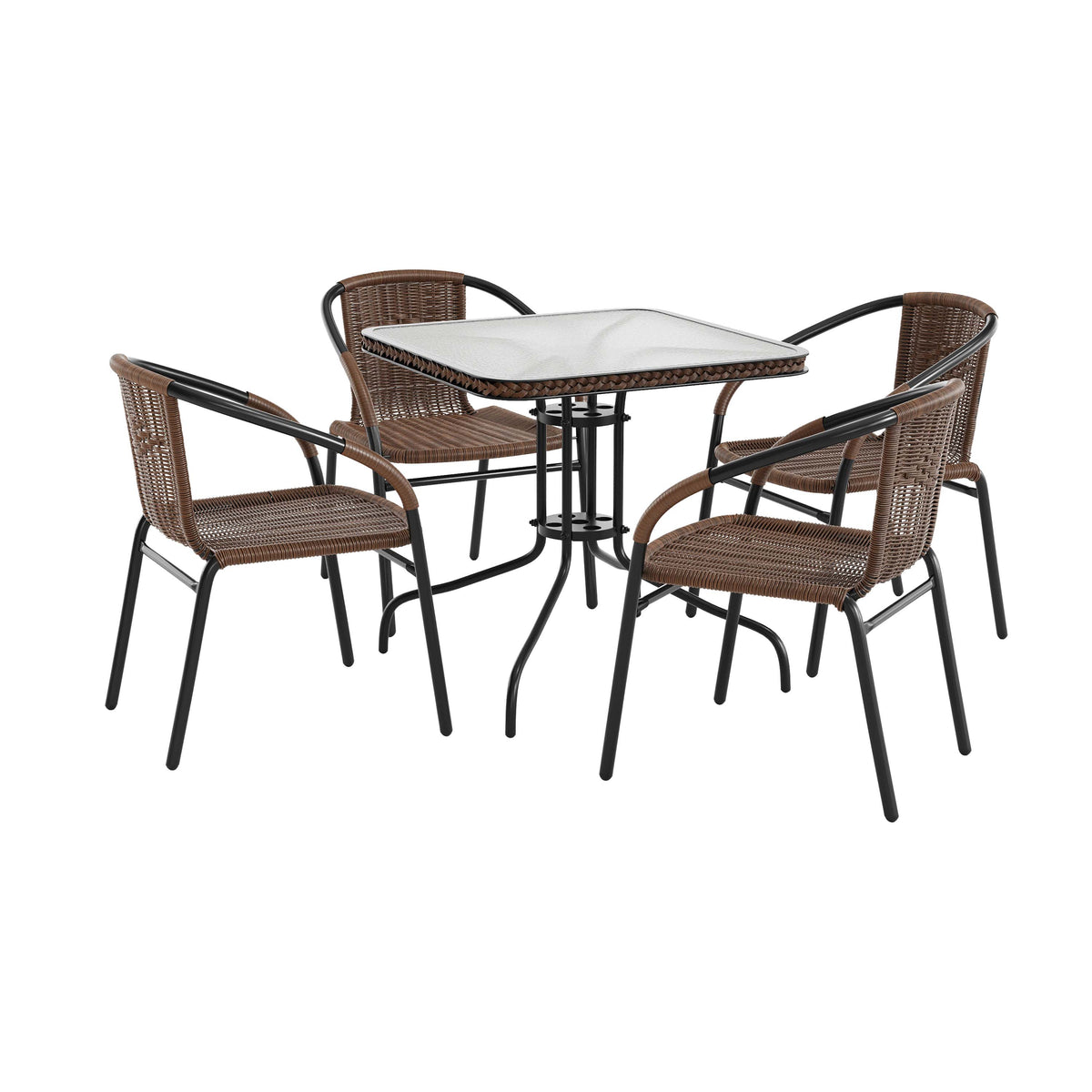 Barker 28'' Square Glass Metal Table with Rattan Edging and 4 Rattan Stack Chairs
