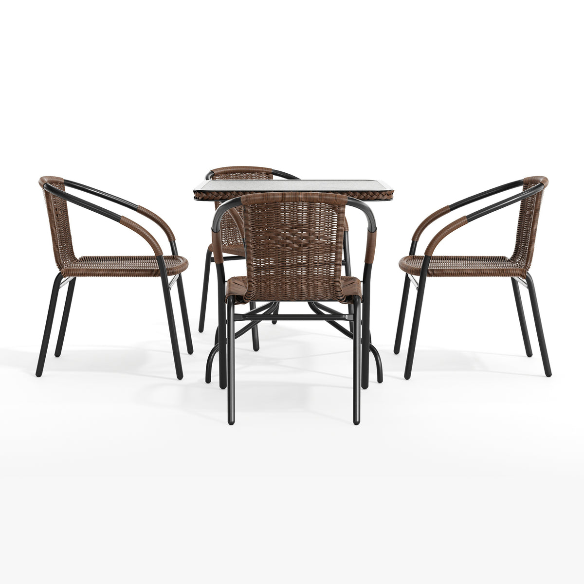 Barker 28'' Square Glass Metal Table with Rattan Edging and 4 Rattan Stack Chairs