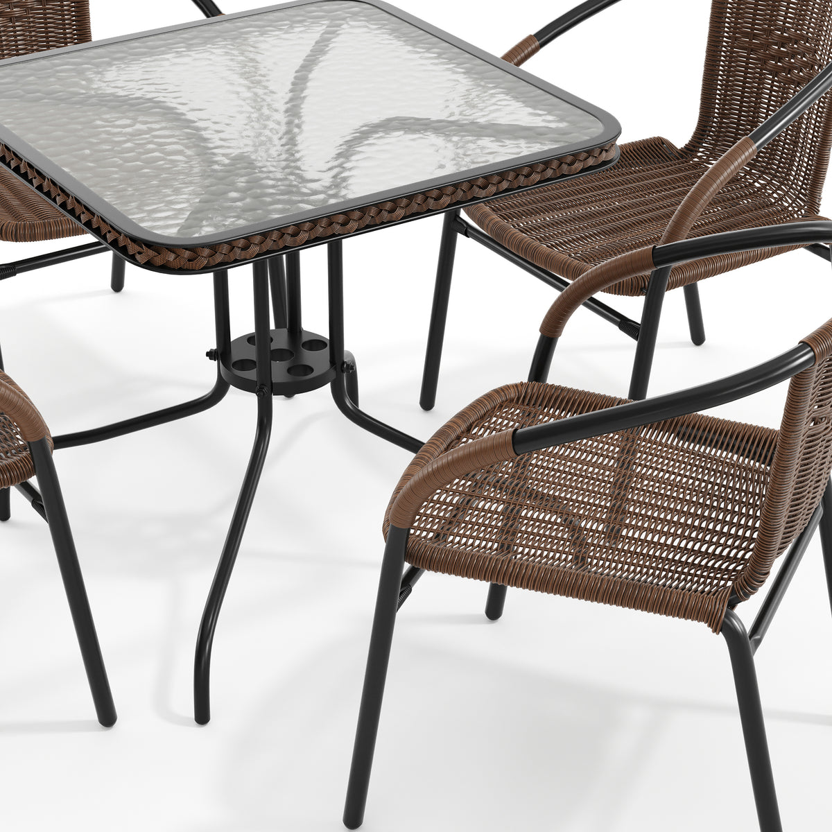 Barker 28'' Square Glass Metal Table with Rattan Edging and 4 Rattan Stack Chairs