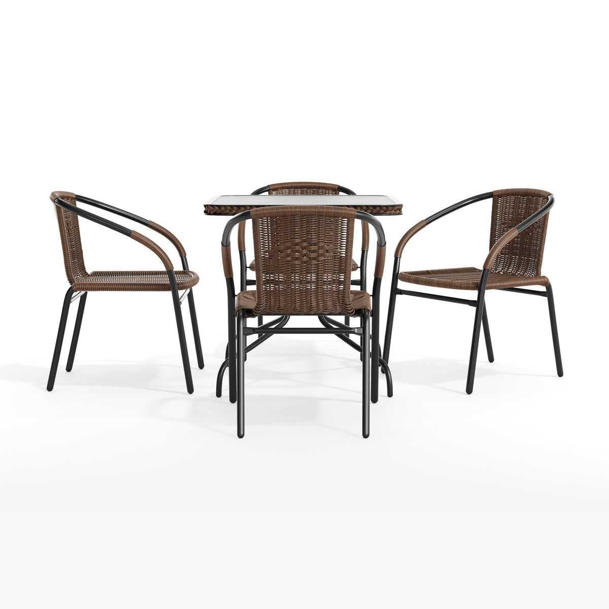 Barker 28'' Square Glass Metal Table with Rattan Edging and 4 Rattan Stack Chairs